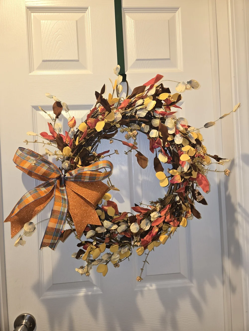 Autumn Harvest Fall Wreath with Orange Plaid Bow